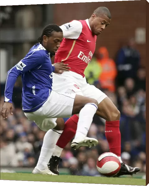 Evertons Fernandes challenges Arsenals Baptista for the ball during their English Premier League s