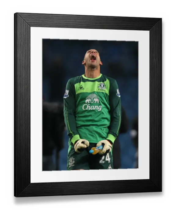 Framed Print : Tim Howard's Triumph: Everton's Goalkeeper Rejoices in Manchester City Victory (2010 Barclays Premier League) Framed Print : Tim Howard's Triumph: Everton's Goalkeeper Rejoices in Manchester City Victory (2010 Barclays Premier League)