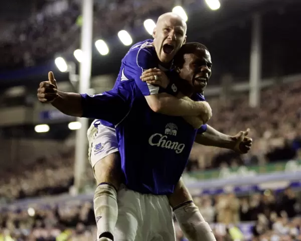 Everton v Fulham Victor Anichebe celebrates his goal with Andrew Johnson