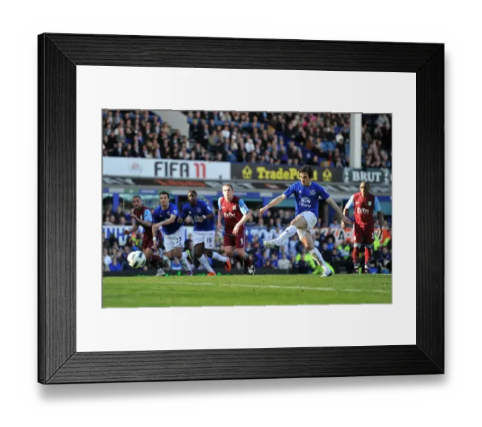 Framed Print : Leighton Baines Scores the Penalty: Everton's Victory Over Aston Villa in the Barclays Premier League (04.04.2011, Goodison Park)