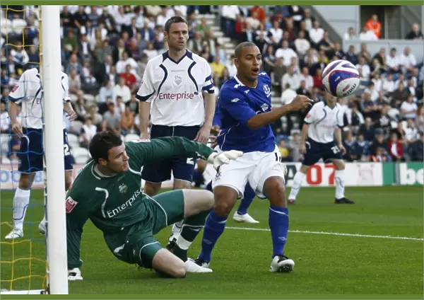 Everton's James Vaughan Faces Off Against Preston North End's Andy Lonergan - Pre-Season Friendly (2007)