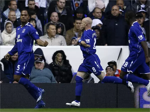 Everton's Historic First Goal of the 07-08 Season: Lescott, Johnson, and Anichebe Celebrate at White Hart Lane Against Tottenham Hotspur