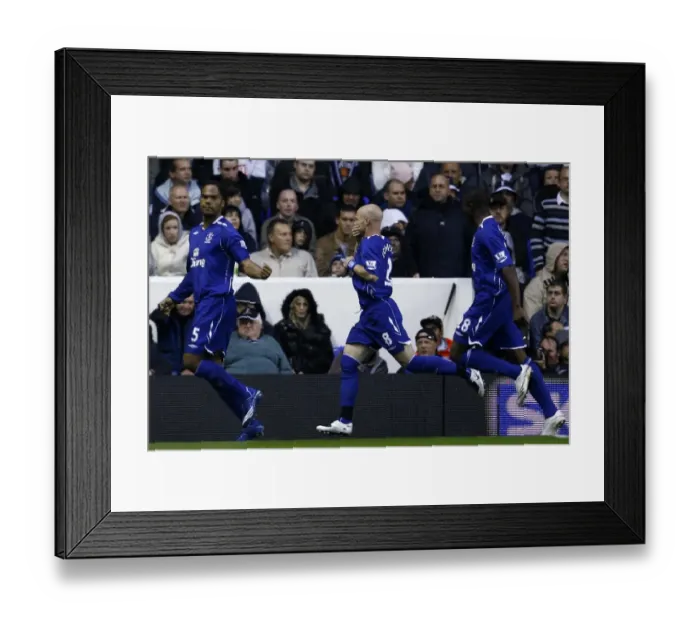 Framed Print : Everton's Historic First Goal of the 07-08 Season: Lescott, Johnson, and Anichebe Celebrate at White Hart Lane Against Tottenham Hotspur Framed Print : Everton's Historic First Goal of the 07-08 Season: Lescott, Johnson, and Anichebe Celebrate at White Hart Lane Against Tottenham Hotspur