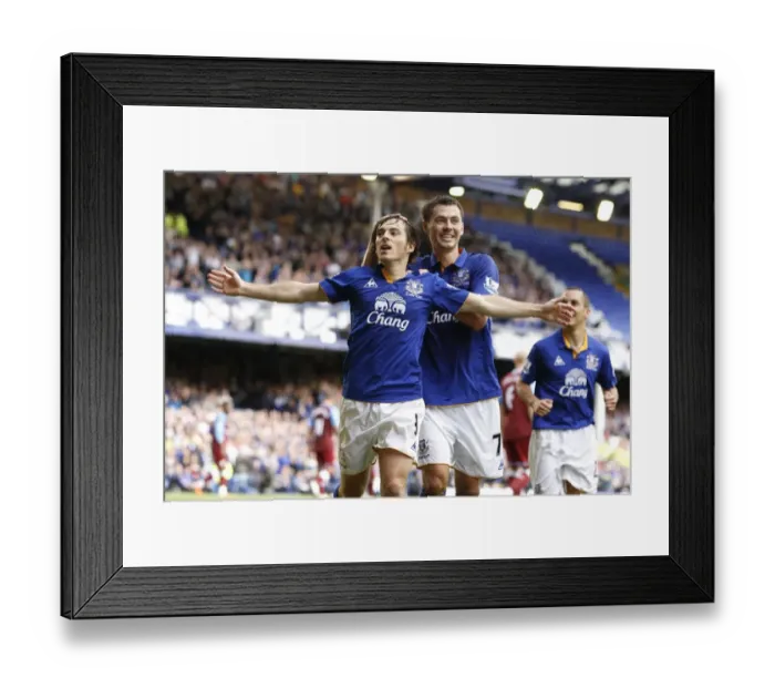 Framed Print : Leighton Baines Scores and Celebrates with Bilyaletdinov: Everton's Penalty Goal vs Aston Villa (Barclays Premier League, 10 September 2011)