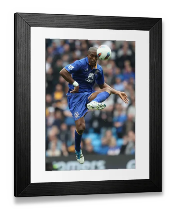 Framed Print : Sylvain Distin Faces Manchester City: Everton at Etihad Stadium, Barclays Premier League Showdown (September 2011)
