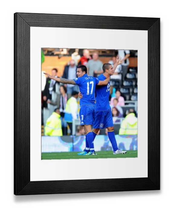 Framed Print : Everton's Rodwell and Cahill: Celebrating a Triumphant Third Goal Against Fulham (October 2011)