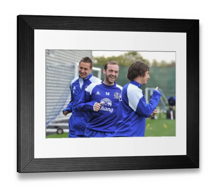Framed Print : Everton FC: Jagielka, McFadden, and Baines in Focus at Finch Farm - Barclays Premier League Training Framed Print : Everton FC: Jagielka, McFadden, and Baines in Focus at Finch Farm - Barclays Premier League Training