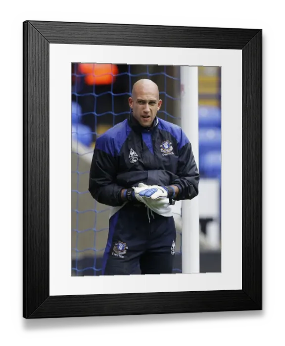 Framed Print : Tim Howard: Everton's Fortified Shield - Pre-Battle Focus at Reebok Stadium (Bolton Wanderers vs Everton, Barclays Premier League, 26 November 2011)
