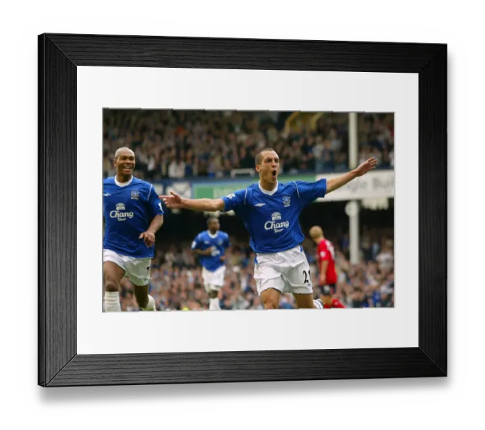 Framed Print : Everton's Leon Osman Celebrates Goal in Barclays Premiership Match vs West Bromich Albion at Goodison Park (2004) Framed Print : Everton's Leon Osman Celebrates Goal in Barclays Premiership Match vs West Bromich Albion at Goodison Park (2004)