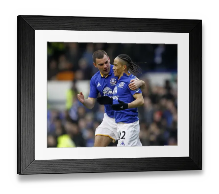 Framed Print : Everton's Steven Pienaar and Darron Gibson Celebrate First Goal Against Chelsea (February 11, 2012, Goodison Park) Framed Print : Everton's Steven Pienaar and Darron Gibson Celebrate First Goal Against Chelsea (February 11, 2012, Goodison Park)