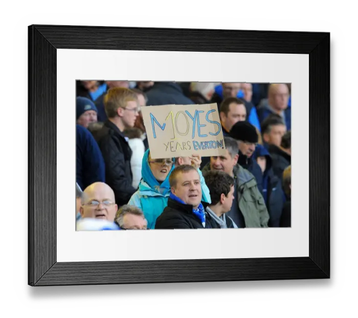Framed Print : Decade of Leadership: Everton Fan Honors David Moyes with Banner at Goodison Park (BPL 10 March 2012 vs. Tottenham Hotspur)