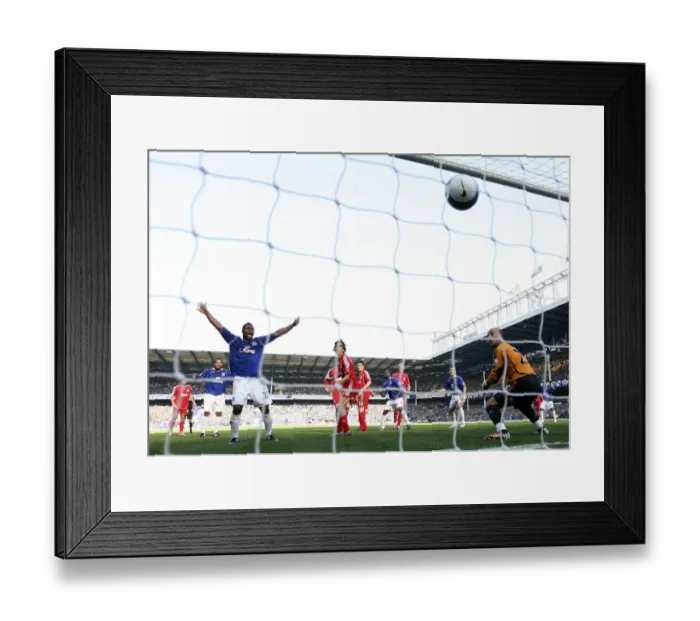 Framed Print : Everton's Fortune: Yakubu's Jubilant Reaction to Hyypia's Own Goal in the Merseyside Derby (2007) Framed Print : Everton's Fortune: Yakubu's Jubilant Reaction to Hyypia's Own Goal in the Merseyside Derby (2007)