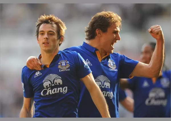 Everton's Baines and Jelavic: Celebrating Their First Goal Together Against Swansea City (24 March 2012)