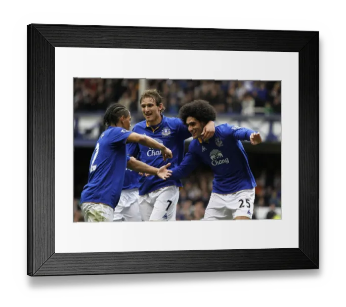 Framed Print : Everton's Triumph: Fellaini, Jelavic, and Pienaar Celebrate Second Goal vs. Fulham (April 2012)