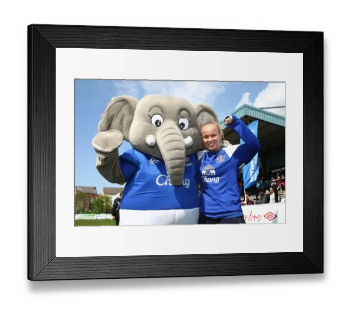 Framed Print : Everton Ladies: Jody Handley and Changy the Mascot Unite Before FA WSL Match at Arriva Stadium (May 6, 2012) Framed Print : Everton Ladies: Jody Handley and Changy the Mascot Unite Before FA WSL Match at Arriva Stadium (May 6, 2012)