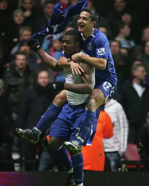 Everton's Yakubu and Tim Cahill Celebrate Second Goal in Carling Cup Quarterfinal against West Ham United, 2007