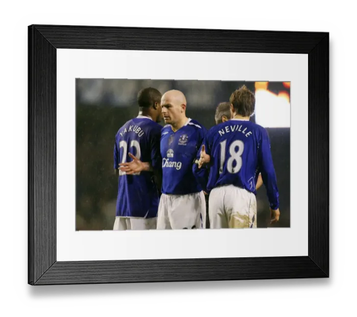 Framed Print : Everton FC: Lee Carsley, Yakubu, and Neville's Freekick Standoff against Arsenal (07 / 08) Framed Print : Everton FC: Lee Carsley, Yakubu, and Neville's Freekick Standoff against Arsenal (07 / 08)