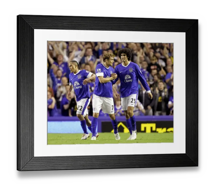 Framed Print : Glory Days: Fellaini and Jelavic Celebrate Everton's Historic First Goal Against Manchester United (Everton 1 - Manchester United 0, Goodison Park, 20-08-2012)