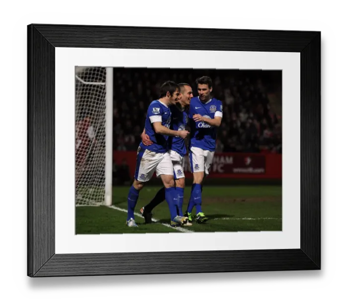 Framed Print : Osman, Baines, and Coleman: Everton's Triumphant Trio Celebrates Third Goal vs. Cheltenham Town in FA Cup Framed Print : Osman, Baines, and Coleman: Everton's Triumphant Trio Celebrates Third Goal vs. Cheltenham Town in FA Cup