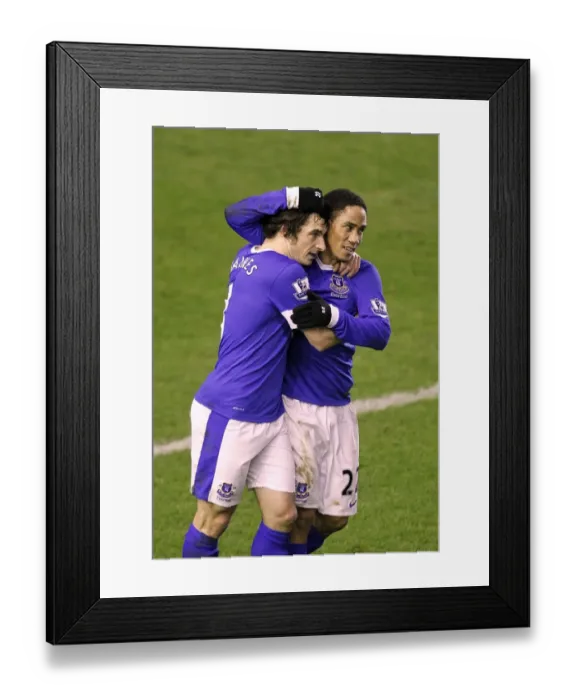Framed Print : Everton: Baines and Pienaar Celebrate First Goal Against West Brom in Premier League (30-01-2013)