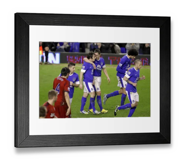Framed Print : Leighton Baines Scores Penalty, Celebrates with Jagielka: Everton's Victory Moment vs. West Bromwich Albion (30-01-2013)