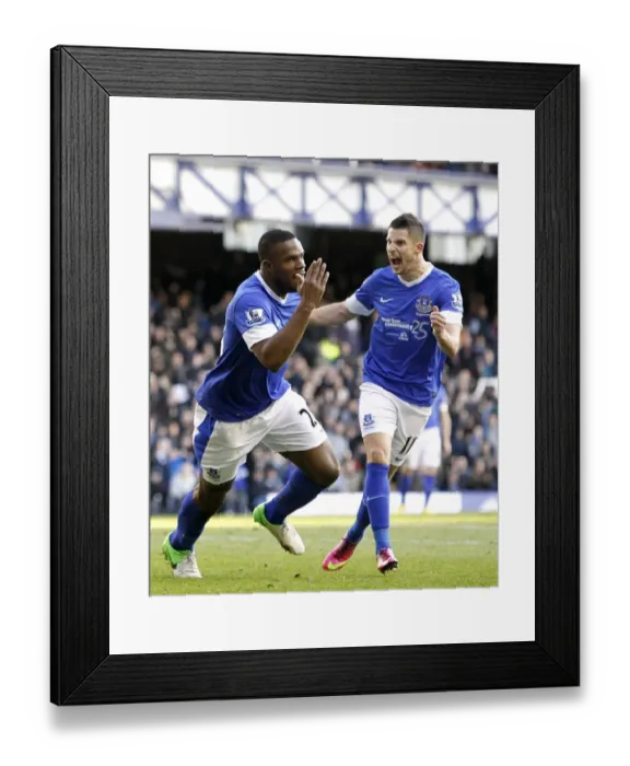 Framed Print : Anichebe and Mirallas's Thrilling Goal Celebration: Everton's Electrifying 3-3 Draw with Aston Villa (02-02-2013, Goodison Park) Framed Print : Anichebe and Mirallas's Thrilling Goal Celebration: Everton's Electrifying 3-3 Draw with Aston Villa (02-02-2013, Goodison Park)