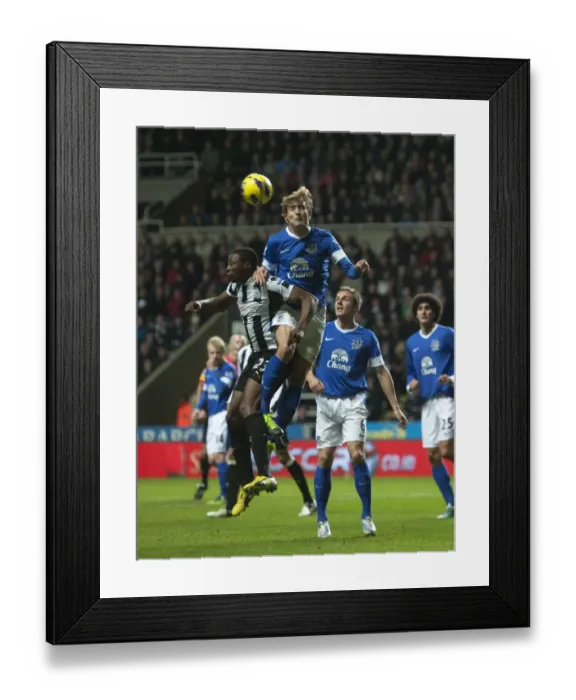 Framed Print : Everton's Air Battle: Ameobi vs. Jelavic in the Intense Clash at St. James Park (2-1, Premier League, 02-01-2013)