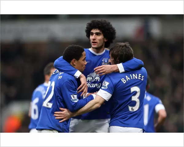 Everton's Triumph: Fellaini, Pienaar, and Baines Celebrate Goal Against Norwich City (23-02-2013)
