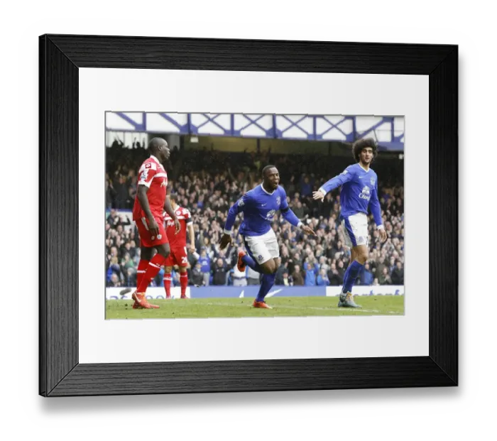 Framed Print : Everton's Victor Anichebe and Marouane Fellaini Celebrate as QPR's Christopher Samba Looks On - Everton 2-0 QPR (Goodison Park, 13-04-2013) Framed Print : Everton's Victor Anichebe and Marouane Fellaini Celebrate as QPR's Christopher Samba Looks On - Everton 2-0 QPR (Goodison Park, 13-04-2013)