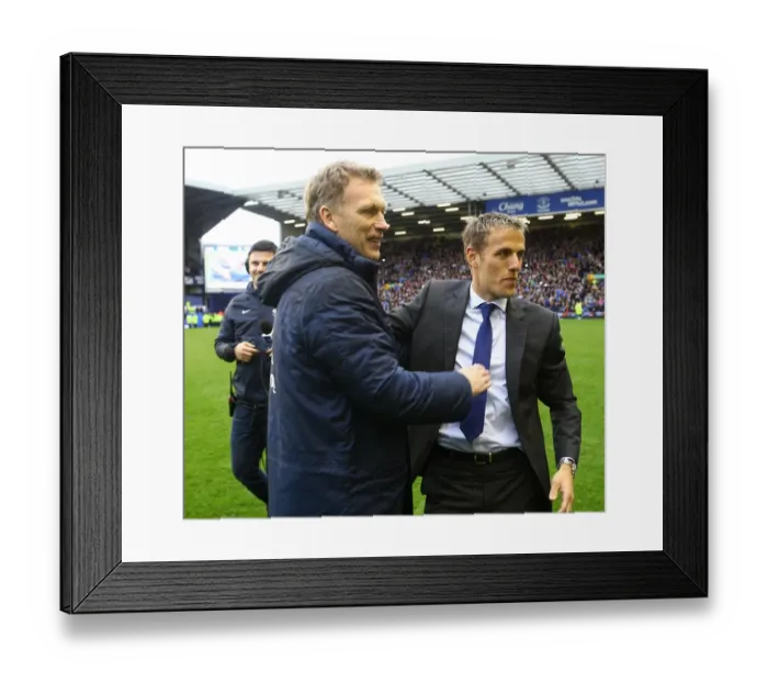 Framed Print : Everton's Glorious Moment: Moyes and Neville's Embrace during Victory Parade (2-0 Win over West Ham, May 12, 2013)