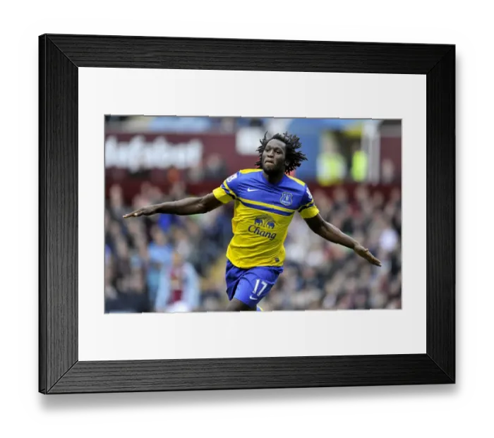 Framed Print : Romelu Lukaku's Thrilling Goal Celebration: Everton's Victory Start at Villa Park (26-10-2013, Barclays Premier League)