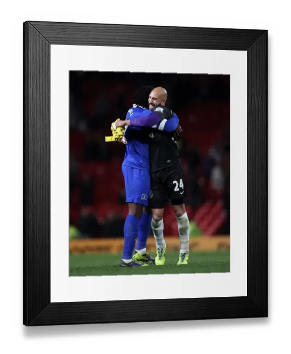 Framed Print : Everton's Upset: Lukaku and Howard Celebrate 1-0 Victory over Manchester United (BPL, Old Trafford - Dec 4, 2013)