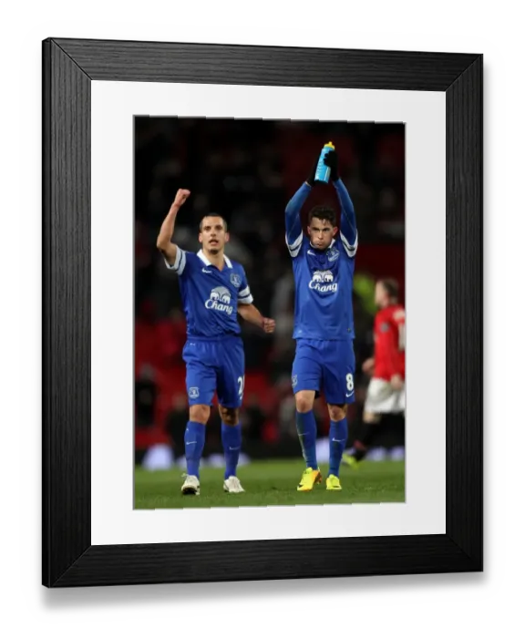 Framed Print : Everton's Bryan Oviedo and Leon Osman: Celebrating a Historic Upset at Old Trafford - Manchester United 0-1 Everton (December 4, 2013, Barclays Premier League)