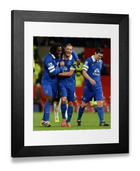 Framed Print : Everton's Historic Upset: Lukaku, Jagielka, and Barry Rejoice in 1-0 Victory over Manchester United at Old Trafford (December 4, 2013, Barclays Premier League)