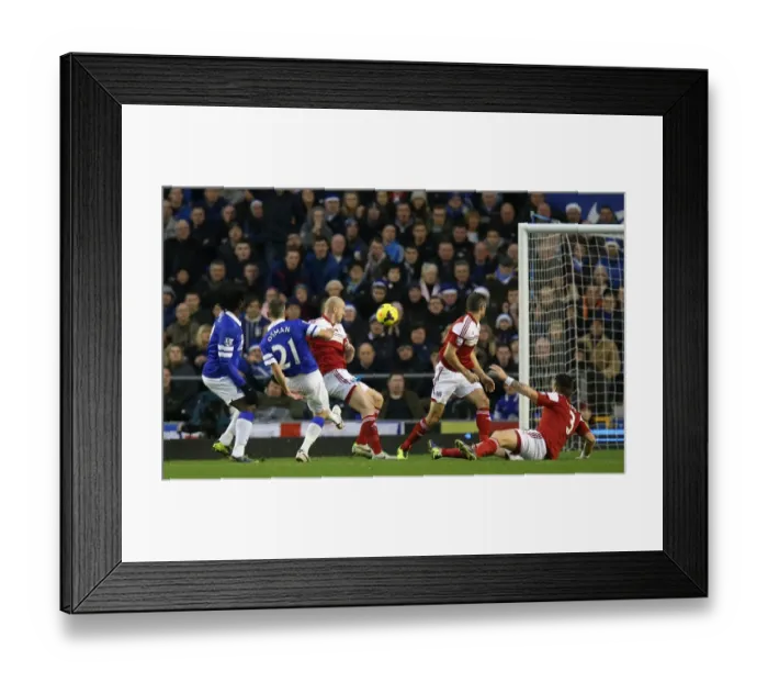 Framed Print : Leon Osman Scores Opening Goal: Everton's Triumph Over Fulham in the Barclays Premier League (14-12-2013, Goodison Park)