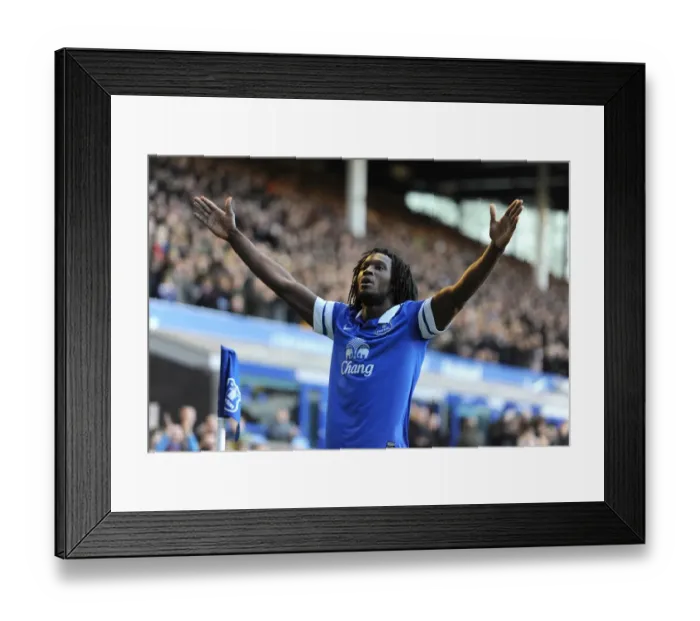 Framed Print : Everton's Romelu Lukaku: Double Delight as He Celebrates Second Goal Against Southampton (29-12-2013: Everton 2 - Southampton 1, Goodison Park) Framed Print : Everton's Romelu Lukaku: Double Delight as He Celebrates Second Goal Against Southampton (29-12-2013: Everton 2 - Southampton 1, Goodison Park)