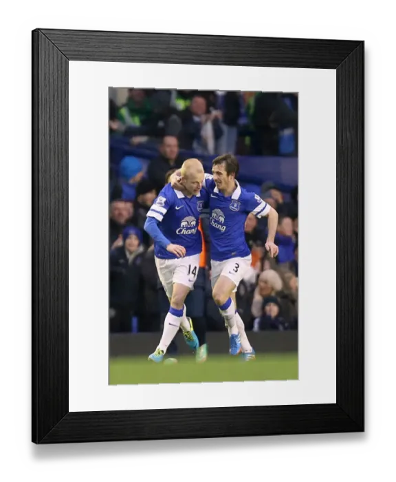 Framed Print : Everton's Unforgettable Goal: Naismith and Baines Emotional Celebration (Everton 2-1 Aston Villa, 01-02-2014)