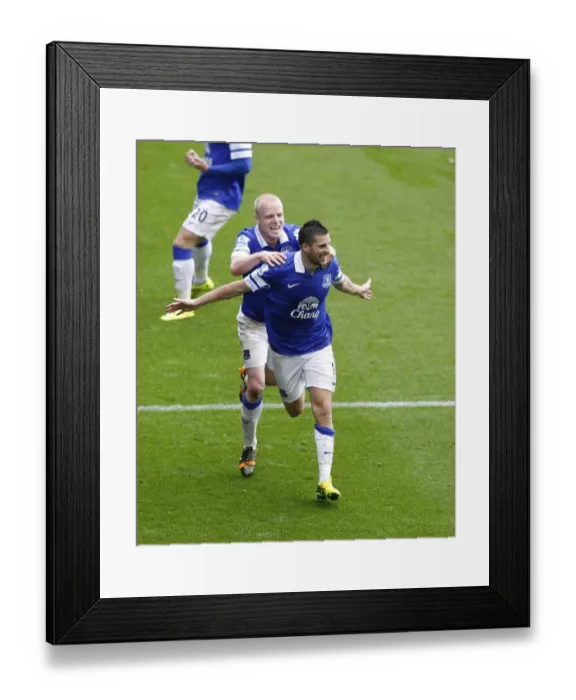 Framed Print : Triumphant Everton: Mirallas, Naismith Rejoice over Arteta's Own Goal (3-0 vs Arsenal, 06-04-2014)