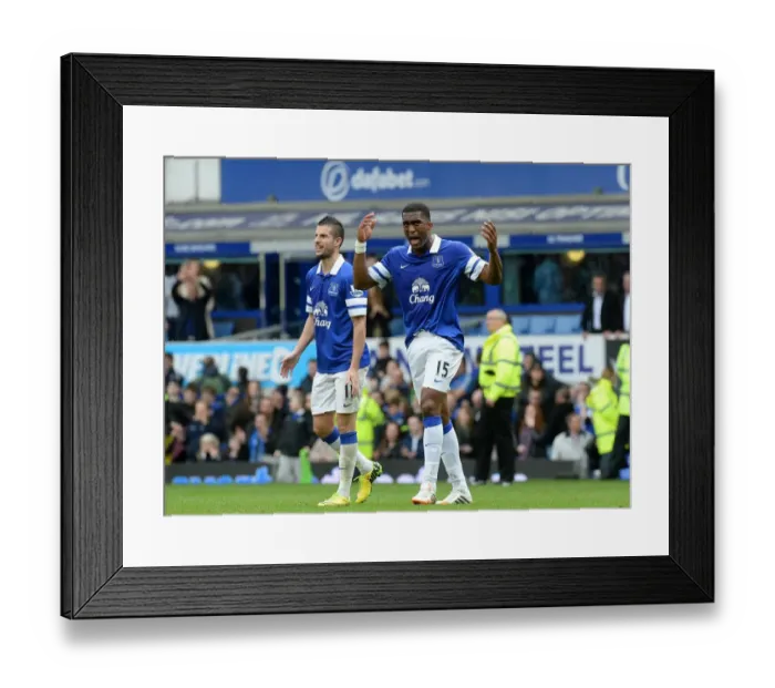 Framed Print : Everton's Sylvain Distin: Victory Celebration vs Arsenal, Barclays Premier League, Goodison Park Framed Print : Everton's Sylvain Distin: Victory Celebration vs Arsenal, Barclays Premier League, Goodison Park