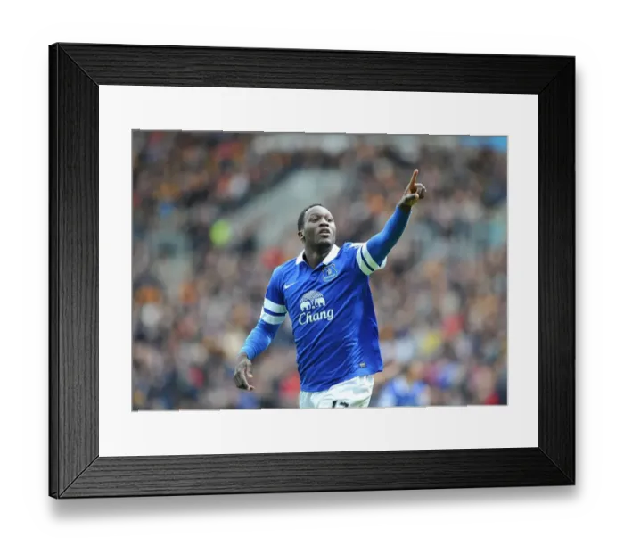 Framed Print : Everton's Romelu Lukaku: Double Delight as He Celebrates Second Goal Against Hull City (11-05-2014)