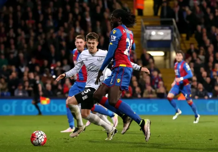 Framed Print : Adebayor vs Stones: Intense Shooting Moment at Selhurst Park - Crystal Palace vs Everton, Barclays Premier League Framed Print : Adebayor vs Stones: Intense Shooting Moment at Selhurst Park - Crystal Palace vs Everton, Barclays Premier League