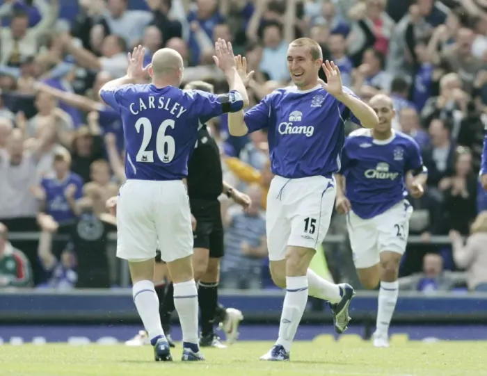 Framed Print : Alan Stubbs Scores the Thrilling Opener: Everton vs Manchester United (April 28, 2007)