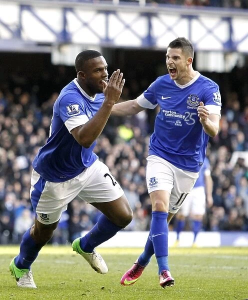 Anichebe and Mirallas's Thrilling Goal Celebration: Everton's Electrifying 3-3 Draw with Aston Villa (02-02-2013, Goodison Park)