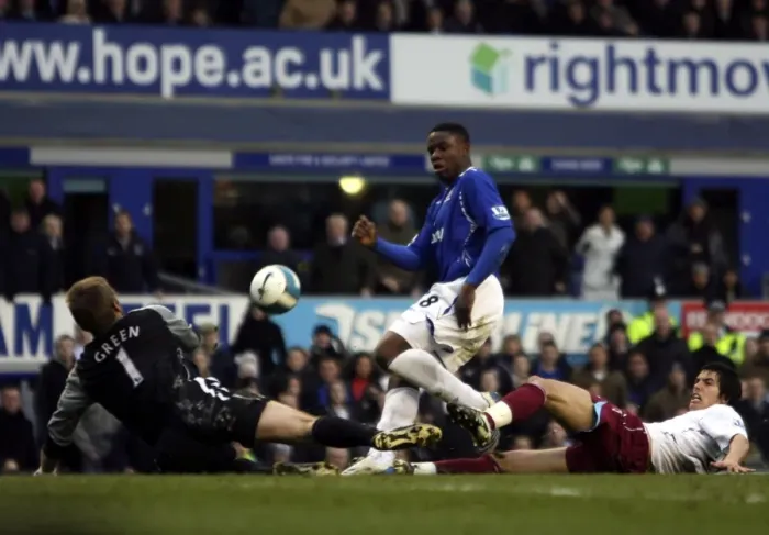 Framed Print : Anichebe vs. Green and Tomkins: Everton's Battle at Goodison Park against West Ham, March 2008 Framed Print : Anichebe vs. Green and Tomkins: Everton's Battle at Goodison Park against West Ham, March 2008