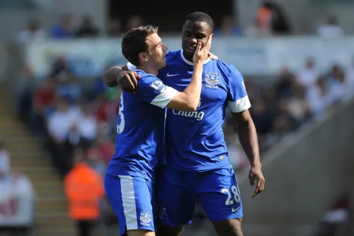 Framed Print : Anichebe's Triumph: Everton's Victor Anichebe Celebrates Goal with Seamus Coleman in 3-0 Victory over Swansea City (September 22, 2012)