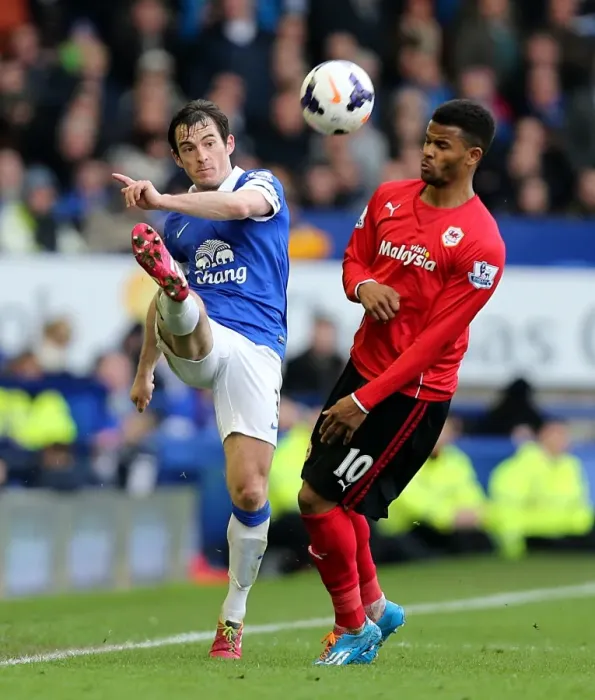 Framed Print : Baines Battle: Everton's Edge Over Campbell and Cardiff City (Everton 2 - Cardiff City 1, Goodison Park, 15-03-2014)