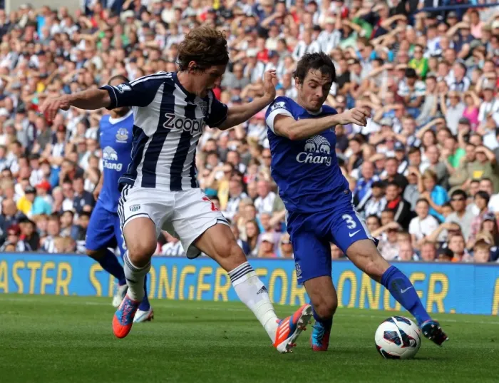 Framed Print : Baines vs. Jones: A Tussle in the Premier League Clash between Everton and West Bromwich Albion (01-09-2012) Framed Print : Baines vs. Jones: A Tussle in the Premier League Clash between Everton and West Bromwich Albion (01-09-2012)