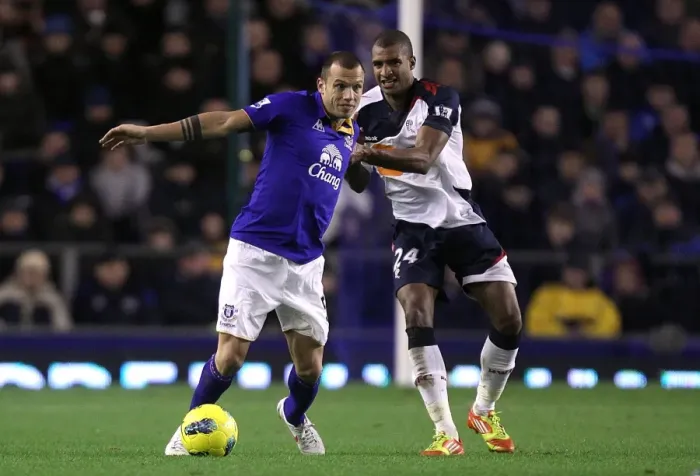 Framed Print : A Battle for the Ball: Heitinga vs Ngog at Goodison Park - Everton vs Bolton Wanderers (Barclays Premier League, 04 January 2012)