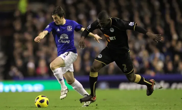 Framed Print : Battle for the Ball: Leighton Baines vs. Steve Gohouri - Everton vs. Wigan Athletic, Premier League (11 December 2010)