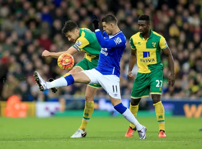Framed Print : Battle for the Ball: Mirallas vs. Martin at Carrow Road - Norwich City vs. Everton, Barclays Premier League